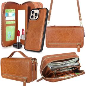 Harryshell Compatible with iPhone 16 Pro Max Case Wallet Multi Zipper Detachable Removable Cover Purse with Card Slots Holder Mirror Crossbody Wrist Strap for 6.9 inch 2024 (Crocodile Wine Red)