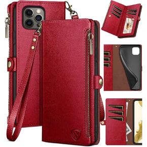 XcaseBar for iPhone 12 Pro Max 6.7" Wallet case with Zipper Credit Card Holder【RFID Blocking】, Flip Folio Book PU Leather Phone case Shockproof Cover Women Men for Apple 12 Pro Max case Wine Red
