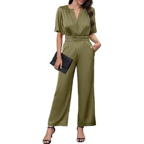 Simplee Jumpsuits For Women Casual Dressy Short Sleeve V Neck Empire Waist Satin Elegant Formal Jumpsuits For Wedding Guest (Olive Green L)