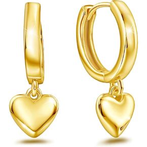 Heart Earrings for Women Girls-Sterling Silver Heart Dangle Hoop Earrings with Charm Love Huggie Hoop Earrings Hypoallergenic Delicate Jewelry Gifts for Women Girls Birthday