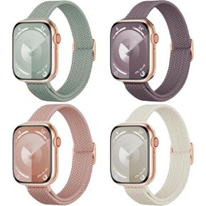 4 Pack Slim Braided Stretchy Bands Compatible with Apple Watch Band 38mm 42mm 40mm 44mm 41mm 45mm 46mm 49mm Women Men, Solo Loop Nylon Thin Strap for iWatch Series 10 9 8 7 SE 6 5 4 3 2 1 Ultra