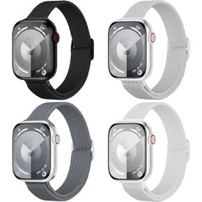 4 Pack Slim Braided Stretchy Bands Compatible with Apple Watch Band 38mm 42mm 40mm 44mm 41mm 45mm 46mm 49mm Women Men, Solo Loop Nylon Thin Strap for iWatch Series 10 9 8 7 SE 6 5 4 3 2 1 Ultra