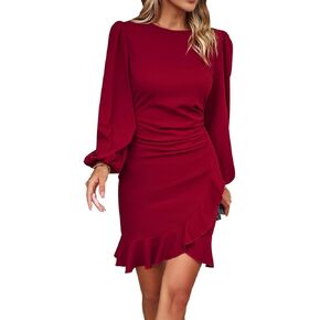 IKADEX Women Lantern Long Sleeve Tulip Ruffle Hem Ruched Bodycon Short Mini Cocktail Dress Fall Winter