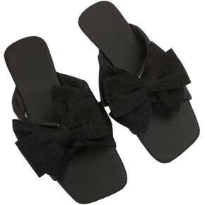 Women's Bow Flat Slide Sandals Sexy Square Head Non-Slip Slip-On Summer Formal Party Sandals