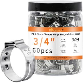 WYSIWYKA 60pcs 3/4 inch PEX Cinch Clamps Rings, 304 Stainless Steel Single Ear Hose Clamps, Pex Crimp Rings for PEX Tubing Pipe Fitting Connections
