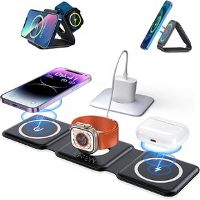 3-in-1 Foldable Magnetic Fast Charging Pad | MagSafe Wireless Travel Charger for Multiple Apple Products | iPhone 16/15/14/13/12/11 Plus Pro Max | iWatch and AirPods - with 20W Adapter | Black