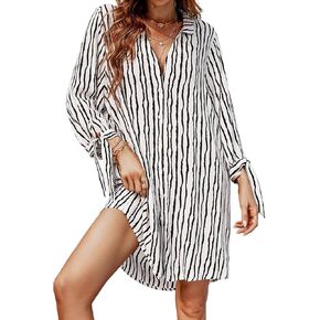 CUPSHE Women's Floral Shirt Beach Dress 3/4 Sleeve Self Tie Button Mini Dress Blue Floral, M
