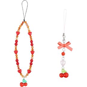 2pcs Red Cherry Phone Charms Beaded Phone Strap Chain Cute Cell Phone Lanyard Wrist Strap Accessories for Phone Cases Camera