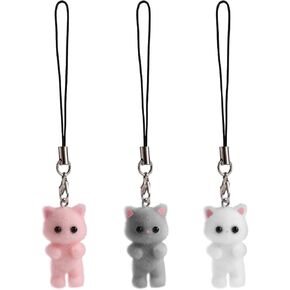 3pcs Cat Phone Charms, 3 Colors Cute Phone Charms Y2K Fluffy Phone Keychain Charms Kitten Mobile Phone Pendant for Phone Backpack Keyring Purse