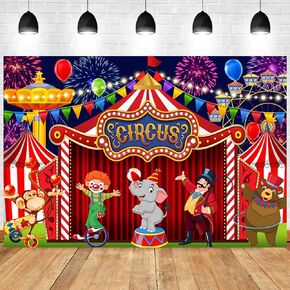 7x5ft Circus Backdrop Red Tent Carnival Night Photography Background Fireworks Balloons Ferris Wheel Banner Decorations Kids Birthday Baby Shower Photo Booth Props Cake Table Decor