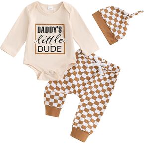 Daddys Boy Baby Clothes Infant Boy Long Sleeve Onesie + Plaid Pants + Hat 3Pcs Baby Boy Winter Outfits