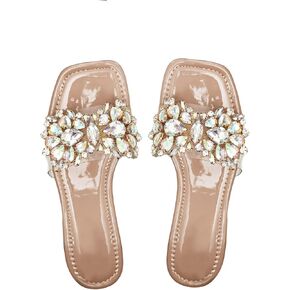 Verdusa Women's Rhinestone Clear Flat Sandals Square Toe Slides Sparkle Transparent Sandals