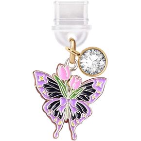 ELISE & FONDA TP394 Type-C USB Charging Port Anti Dust Plug Butterfly BowTulips Cell Phone Charm for iPhone 15 /Samsung/OnePlus/Xiaomi/oppo Android Phones (Black & Purple)
