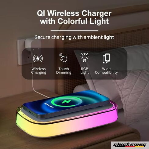 شاحن لاسلكي، قاعدة شحن سريعة 15 وات معتمدة من Qi، مصباح بجانب السرير RGB LED ضوء ليلي متوافق مع iPhone 15 14 13 12 Pro XS 8 Plus Samsung Galaxy S23 S22 S21 Note 20 Google والمزيد in Saudi Arabia