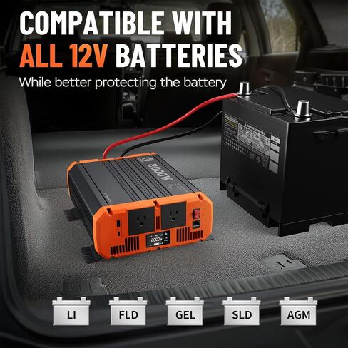2000W Pure Sine Wave Inverter 12V DC to 110V AC Converter 120V 4000W Peak for Vehicle/Home/RV/Truck Off-Grid Solar Power Inverter with USB & Type-C Port, 2 AC Outlets & LCD Display Remote Controller in Saudi Arabia