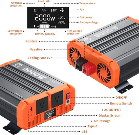 2000W Pure Sine Wave Inverter 12V DC to 110V AC Converter 120V 4000W Peak for Vehicle/Home/RV/Truck Off-Grid Solar Power Inverter with USB & Type-C Port, 2 AC Outlets & LCD Display Remote Controller in Saudi Arabia