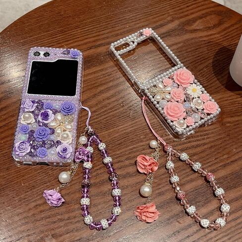 for Samsung Galaxy Z Flip 6 Glitter Bling Case,Cute Luxury 3D Crystal Rhinestone Diamond Flower Sparkle Stunning Stones Pearl with Wrist Strap Women Girls Case for Galaxy Z Flip 6 5G (Pink) in Kuwait