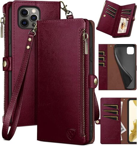 XcaseBar for iPhone 12 Pro Max 6.7" Wallet case with Zipper Credit Card Holder【RFID Blocking】, Flip Folio Book PU Leather Phone case Shockproof Cover Women Men for Apple 12 Pro Max case Wine Red in Kuwait