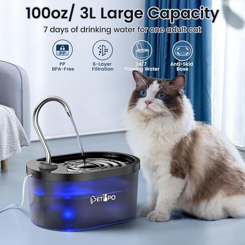 نافورة مياه للقطط، 3 لتر/100 أوقية، نوافير مياه هادئة للحيوانات الأليفة للقطط في الأماكن المغلقة، تنبيه لمستوى المياه، نوافير للقطط للشرب، وعاء ماء للكلاب مع فلتر، حيوانات أليفة متعددة، خالية من مادة BPA، سهلة التنظيف باللون الأزرق in Kuwait