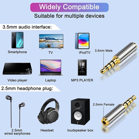 2.5mm Male to 3.5mm Female Adapter 2 Pack Gold Plated Jack Stereo Full Metal Connector Converter for Smartphones, Headphone, Mic, Tablets (1 Pair) in Kuwait