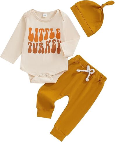 Sasaerucure Infant Baby Boy Thanksgiving Outfits Long Sleeve Onesie + Pants + Hat 3Pcs Set Baby Boy Turkey Clothes in Saudi Arabia