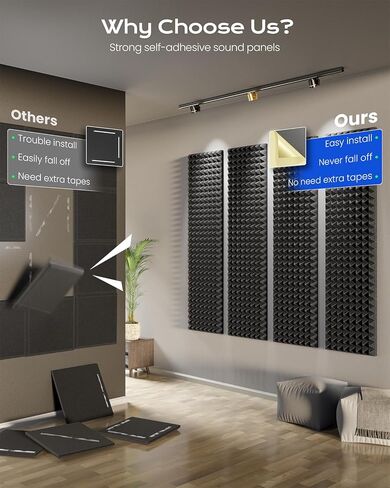 36 حزمة من ألواح الجدران العازلة للصوت 2 بوصة × 12 بوصة × 12 بوصة، 8 لوحات صوتية بتصميم أهرامات مع ذاتية اللصق، ألواح إسفنجية مقاومة للصوت عالية الكثافة للجدران in Kuwait