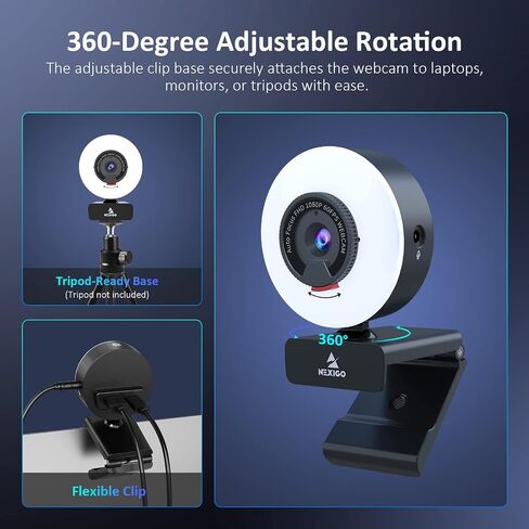 كاميرا ويب NexiGo N960E Pro 60FPS مع مقبس ميكروفون/سماعة رأس ومنفذ USB إضافي، وكاميرا ويب 1080 بكسل مع ضوء، وتركيز تلقائي سريع، وغطاء خصوصية مدمج، من أجل Zoom Meeting Skype Teams Twitch (متجدد) in Saudi Arabia