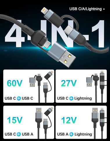كابل USB C 4 في 1 كابل لايتنينج 60 وات [شحن سريع ومزامنة البيانات] كابل شاحن متعدد IP-ad بطول 6 أقدام سلك شحن Lightning/Type C/USB A لمنافذ iPhone 15/15 Pro/15 Plus/15 14 Pro Max in Kuwait
