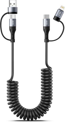 Miger كابل Lightning ملفوف 4 في 1 كابل شحن متعدد 4FT 60W شحن سريع قابل للسحب سلك شاحن سيارة لهاتف iPhone 15/14/13/12/11 Pro Max/XS MAX/XR/XS/X/8/7/6 Plus/iPad/ إيربودز/ماك بوك/كاربلاي in Kuwait