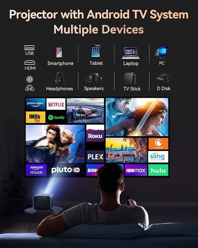 Projector 4K with WiFi and Bluetooth, SUREWHEEL Auto Focus 20000Lumens 800ANSI Outdoor Movie Projector, Native 1080P Portable Projector, 50% Zoom Home Theater Proyector for iOS/Android/TV Srick/PC in Saudi Arabia