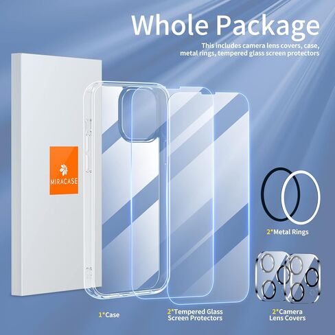 Miracase [2022 ترقية 7 في 1 حماية كاملة لهاتف iPhone 13 Pro Max، مع قطعتين واقي شاشة من الزجاج المقسى + قطعتين واقي عدسة الكاميرا + قطعتين من الحلقة المعدنية القابلة للصق (شفاف فاخر) in Kuwait