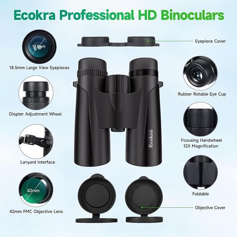 12x42 HD Binoculars for Adults, High Power Binoculars with Tripod Phone Adapter, Waterproof Compact Binoculars for Bird Watching Hunting Stargazing, Clear Low Light Night Vision, BAK4, FMC Prisms in Saudi Arabia