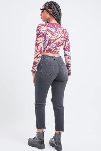YMI Women's Junior Hybrid Dream High-Rise Slim Straight Jean with Frayed Hem in Saudi Arabia