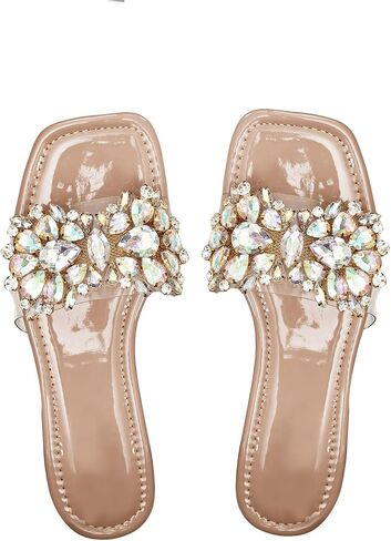 Verdusa Women's Rhinestone Clear Flat Sandals Square Toe Slides Sparkle Transparent Sandals in Saudi Arabia