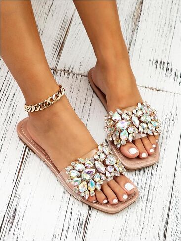 Verdusa Women's Rhinestone Clear Flat Sandals Square Toe Slides Sparkle Transparent Sandals in Saudi Arabia