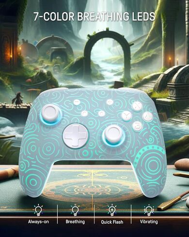 FUNLAB [نمط مضيء] وحدة تحكم Switch Pro لاسلكية متوافقة مع Switch/OLED/Lite، لوحة تحكم عن بعد بلوتوث Firefly مع 7 ألوان LED/مجداف/تيربو/تحكم في الحركة - سماوي in Kuwait