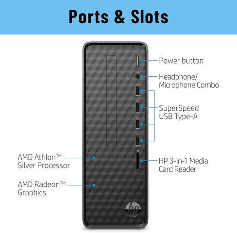 كمبيوتر مكتبي HP رفيع، AMD Athlon Silver 3050U، AMD Radeon Graphics، ذاكرة الوصول العشوائي 16 جيجابايت، 256 جيجابايت SSD، لوحة مفاتيح وماوس سلكية، واي فاي، بلوتوث، ويندوز 11 هوم، أسود in Saudi Arabia