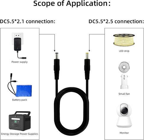 2pcs 1.6ft 5.5x2.1mm to 5.5mmx2.5mm, Male to Male Power Cord, Power Connection Adapter, LED Strip Light, Surveillance Camera, CCTV Security Camera, LED Monitor, IP Camera, DVR, Router in Saudi Arabia