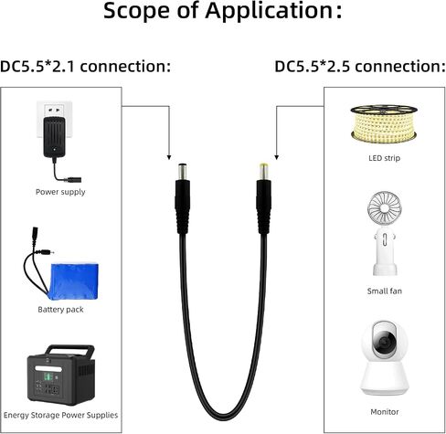 2pcs 1.6ft 5.5x2.1mm to 5.5mmx2.5mm, Male to Male Power Cord, Power Connection Adapter, LED Strip Light, Surveillance Camera, CCTV Security Camera, LED Monitor, IP Camera, DVR, Router in Saudi Arabia