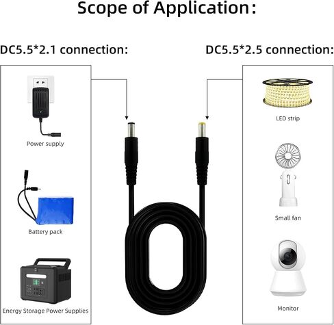 2pcs 1.6ft 5.5x2.1mm to 5.5mmx2.5mm, Male to Male Power Cord, Power Connection Adapter, LED Strip Light, Surveillance Camera, CCTV Security Camera, LED Monitor, IP Camera, DVR, Router in Saudi Arabia