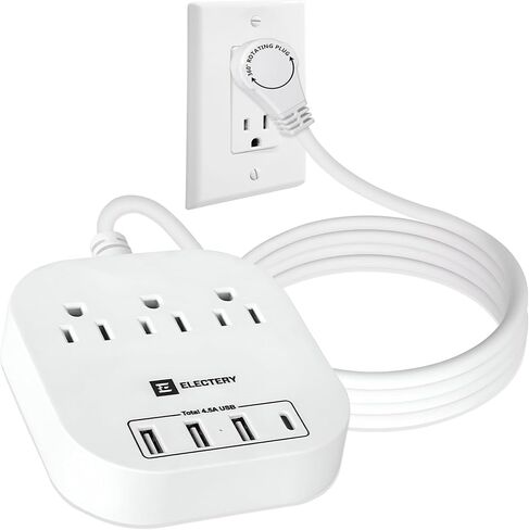 Flat Extension Cord with 360° Rotating Plug 6 Ft Power Strip with 4 USB Wall Charger (1 USB C Port) 3 Outlets White, Wall Mount Charging Station for Home, Office, Travel Essentials in Saudi Arabia