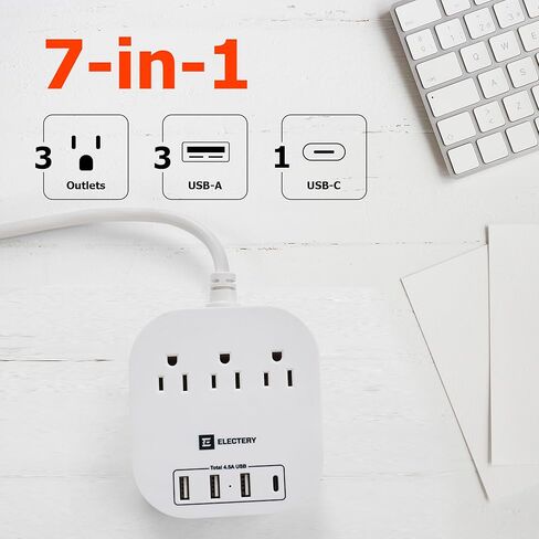 Flat Extension Cord with 360° Rotating Plug 6 Ft Power Strip with 4 USB Wall Charger (1 USB C Port) 3 Outlets White, Wall Mount Charging Station for Home, Office, Travel Essentials in Saudi Arabia