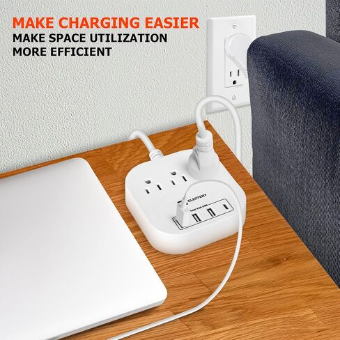 Flat Extension Cord with 360° Rotating Plug 6 Ft Power Strip with 4 USB Wall Charger (1 USB C Port) 3 Outlets White, Wall Mount Charging Station for Home, Office, Travel Essentials in Saudi Arabia