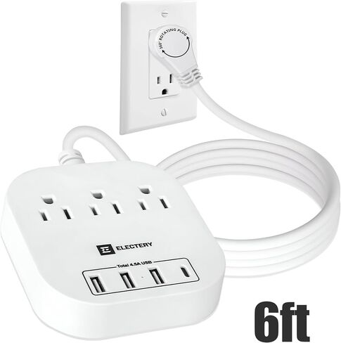 سلك تمديد مسطح مع قابس دوار 360 درجة، شريط طاقة بطول 6 أقدام مع 4 شاحن حائط USB (منفذ USB C واحد) و3 منافذ بيضاء، محطة شحن مثبتة على الحائط للمنزل والمكتب وأساسيات السفر in Kuwait