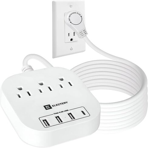 Flat Extension Cord with 360° Rotating Plug 6 Ft Power Strip with 4 USB Wall Charger (1 USB C Port) 3 Outlets White, Wall Mount Charging Station for Home, Office, Travel Essentials in Saudi Arabia