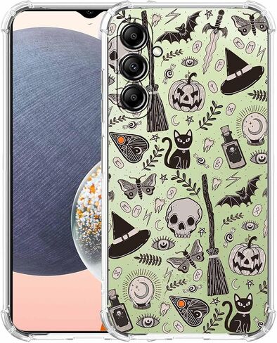 Black Halloween Clear Case for Samsung Galaxy A14 4G/5G,Pumpkin Skull Bat Pattern for Men Women,Trendy Transparent Soft TPU Bumper Case for Galaxy A14 in Saudi Arabia