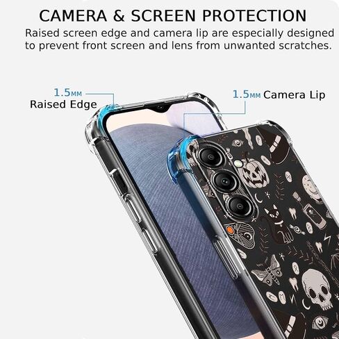 Black Halloween Clear Case for Samsung Galaxy A14 4G/5G,Pumpkin Skull Bat Pattern for Men Women,Trendy Transparent Soft TPU Bumper Case for Galaxy A14 in Saudi Arabia