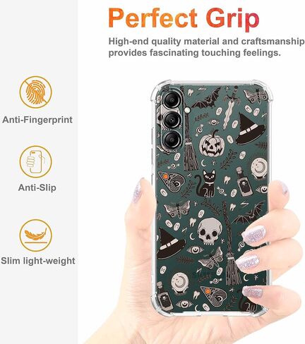 Black Halloween Clear Case for Samsung Galaxy A14 4G/5G,Pumpkin Skull Bat Pattern for Men Women,Trendy Transparent Soft TPU Bumper Case for Galaxy A14 in Saudi Arabia