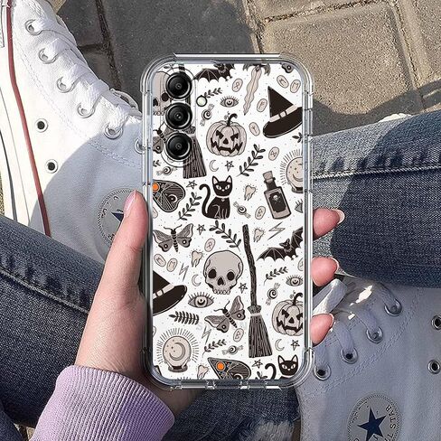 Black Halloween Clear Case for Samsung Galaxy A14 4G/5G,Pumpkin Skull Bat Pattern for Men Women,Trendy Transparent Soft TPU Bumper Case for Galaxy A14 in Saudi Arabia
