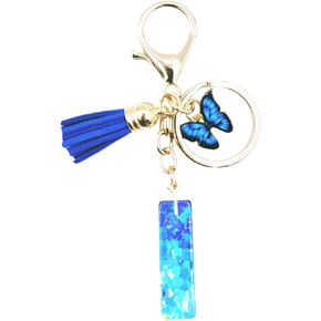 A-Z Letter Keychain Crystal Royal Blue with Tassel Butterfly Car Keychains for Women Backpack Handbags Cute Pendant